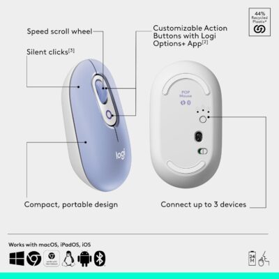 Logitech POP Mouse: The Versatile Silent Companion for Your Devices in Lilac. 13 Logitech POP Mouse: The Versatile Silent Companion for Your Devices in Lilac.